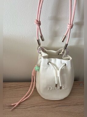 Dior White Mini Drawstring Bucket Bag with Pink Strap